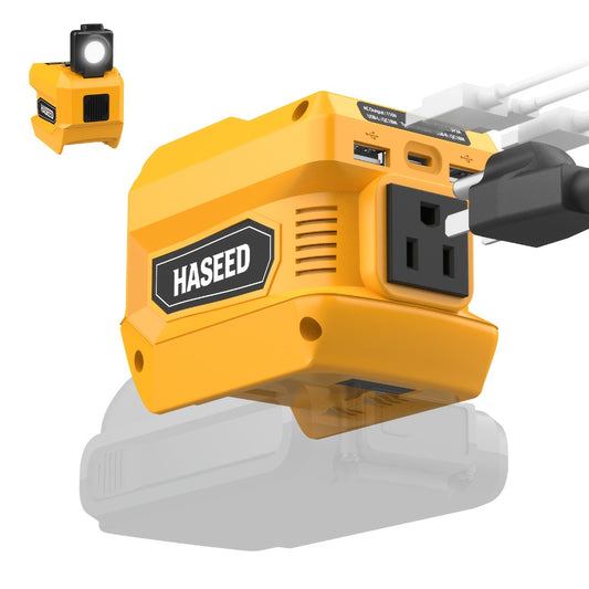 Portable Power Inverter 200W - DeWalt 20V Battery Compatible, DC to AC 110V, 2 USB + Type-C Fast Charging, 400LM Work Light, for Car, Camping & Outdoor Use