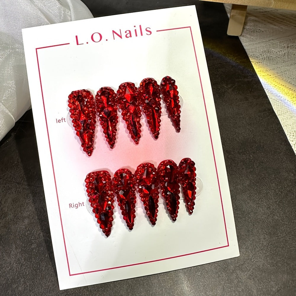 Press On Nails 10-Piece Long Water-Drop Set with Red Glass Glitter and Removable Self-Adhesive Gel Tabs