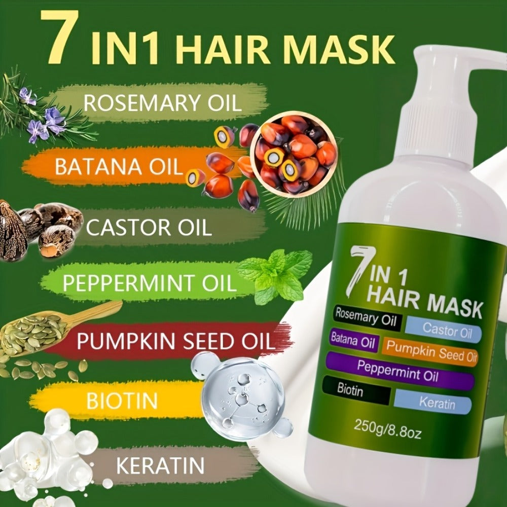 250g 7-in-1 Hair Mask in White Pump Bottle with Rosemary, Batana, Castor and Peppermint Oils
