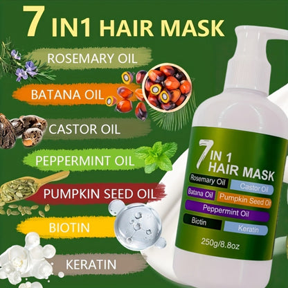 250g 7-in-1 Hair Mask in White Pump Bottle with Rosemary, Batana, Castor and Peppermint Oils