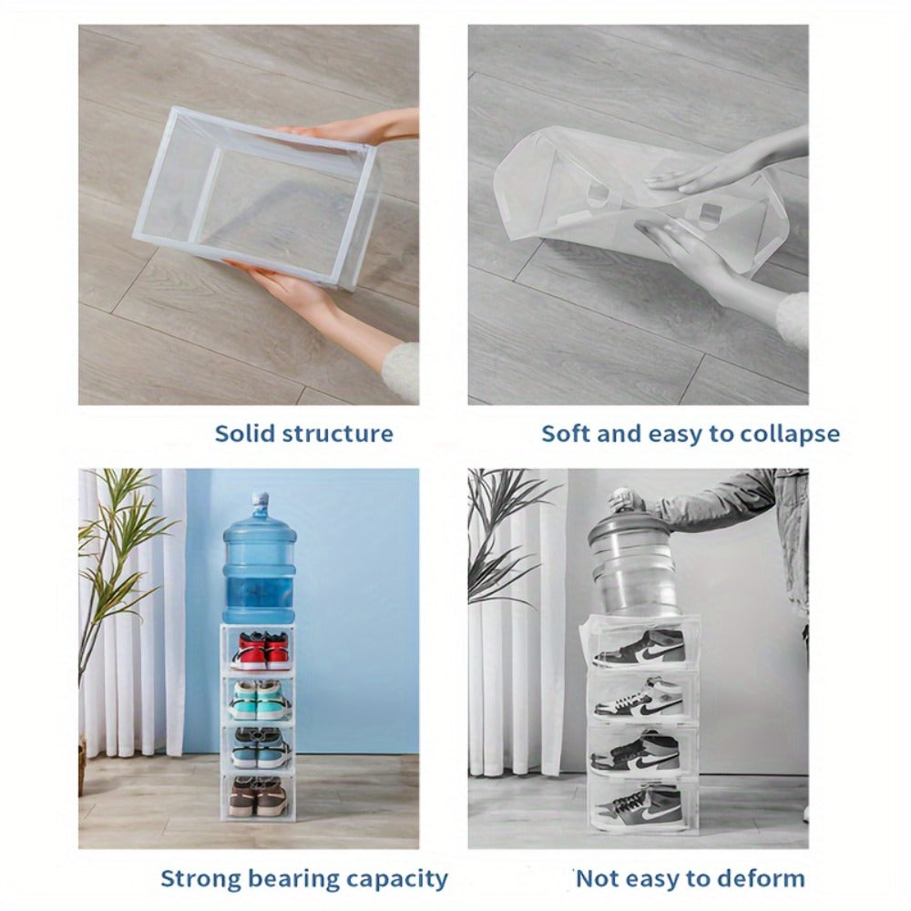 Six-Pack Clear Stackable Shoe Display Boxes with Magnetic Front Doors in Black or White for Closets