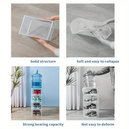 Six-Pack Clear Stackable Shoe Display Boxes with Magnetic Front Doors in Black or White for Closets