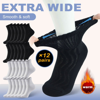 12-Pair Extra-Wide Ankle Sock Set in Black or Black-and-White with US 9-11 and 10-13 Sizes