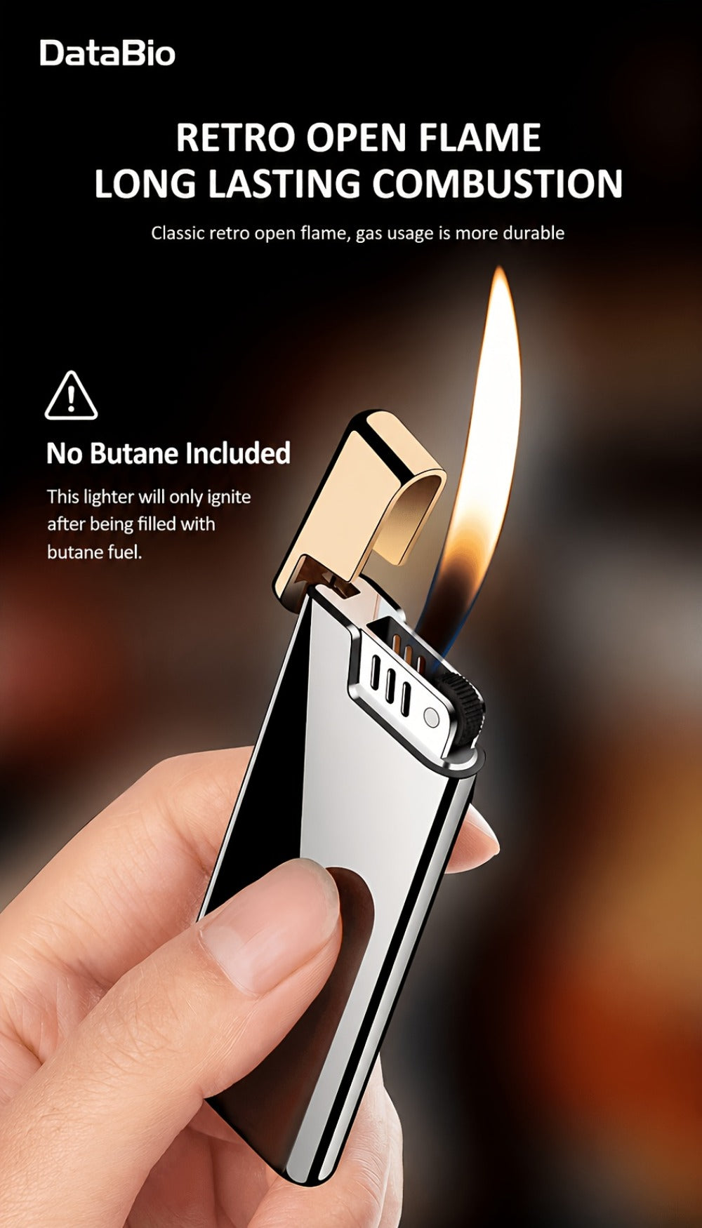 Ultra-Slim Wheel-Ignition Butane Lighter with Adjustable Open Flame in Black or Colorful Ice Finish