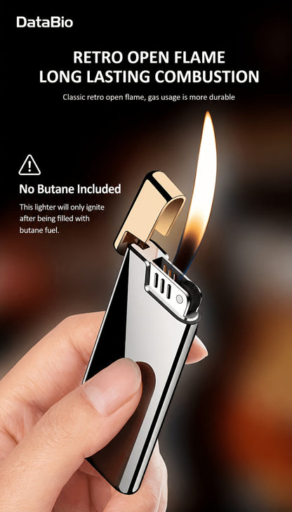 Ultra-Slim Wheel-Ignition Butane Lighter with Adjustable Open Flame in Black or Colorful Ice Finish
