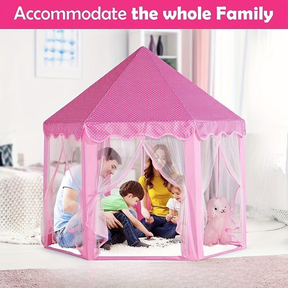 Pink Hexagonal Princess Play Tent with Sheer Mesh Door, Flower Print, 48-Inch Base and 52-Inch Height