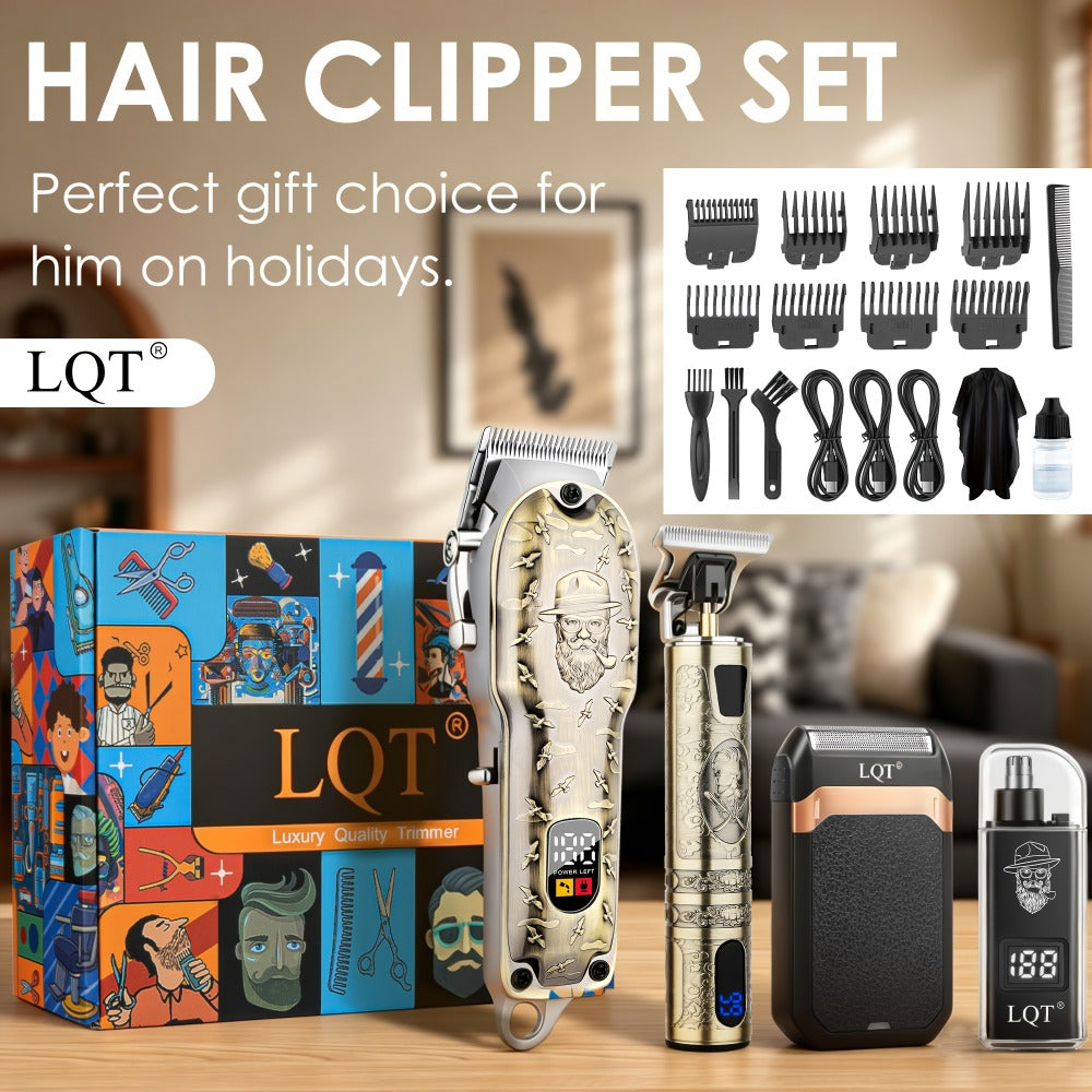 Electric Hair Clipper Set for Men - LQT USB Rechargeable 2000mAh with Engraving Scissors Metal Digital Display Cordless Barber Kit 2 3 4 Piece Home Salon Bronze Gift