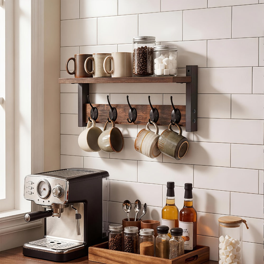 Wall Mounted Coat Hook Shelf with 5 Hooks - Wooden Floating Shelf & Key Rack Organizer for Entryway, Bedroom, Bathroom, Kitchen & Living Room - Rustic Vintage Style