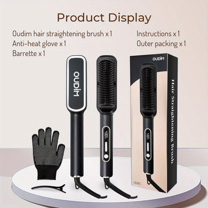 Ionic Hair Straightener Brush Anti-Scald – Precise Temperature Control Auto Shut-Off Straightening Comb Flat Iron for Women All Hair Types – Rose Gold, Black, Gift for Her