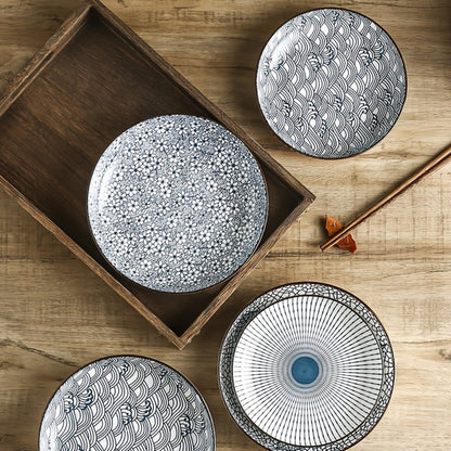 Blue White Ceramic Plates Set of 4 Round Shallow Serving Plates for Pasta Salad Bread for Entryways, Bedrooms and Living Spaces