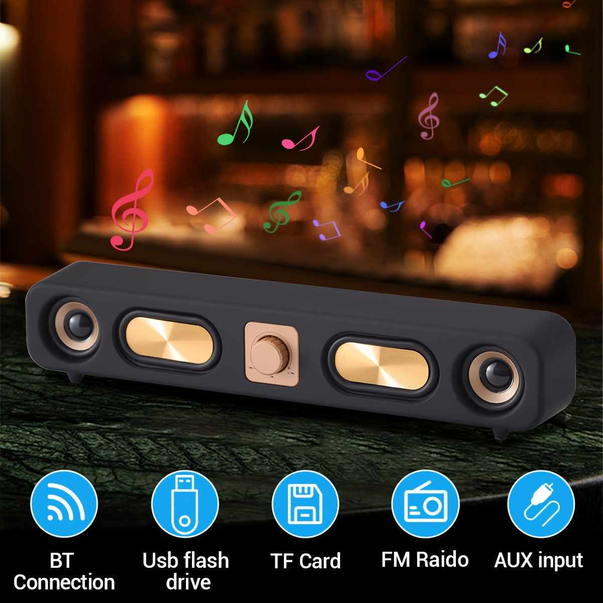 Retro Wood Grain Bluetooth Speaker Dual 2-Inch Woofers 10W Wireless Desktop Soundbar TF AUX USB Hands-Free Calling 2400mAh for PC Laptop Tablet Smartphone
