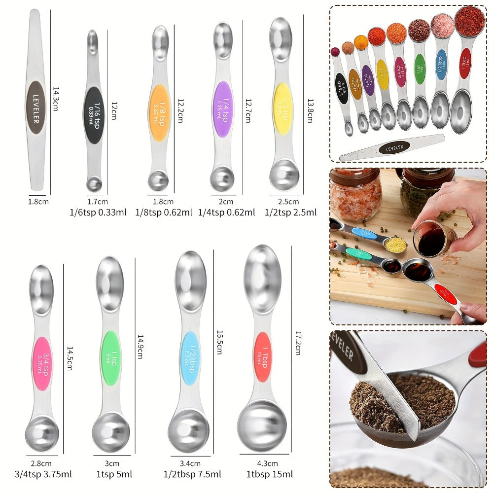 Seventeen-Piece Stainless Steel Measuring Cup and Spoon Set with Eight Cups, Eight Spoons and Leveler