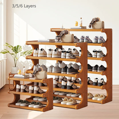 Bamboo Shoe Rack 3/5/6 Layer Freestanding Storage Organizer for Entryway, Dorm & Closet – Space-Saving Multi-Tier Shoe Shelf, Easy Assembly, Brown