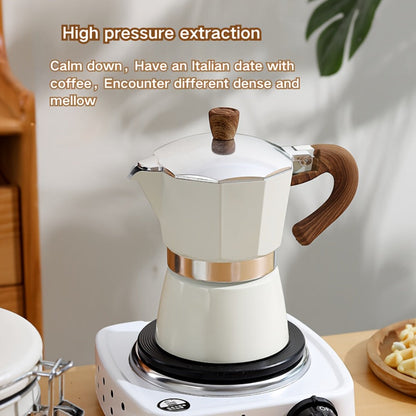 Classic 150ml Stovetop Moka Pot with Faceted Body, Wood-Look Handle and Seven Color Options