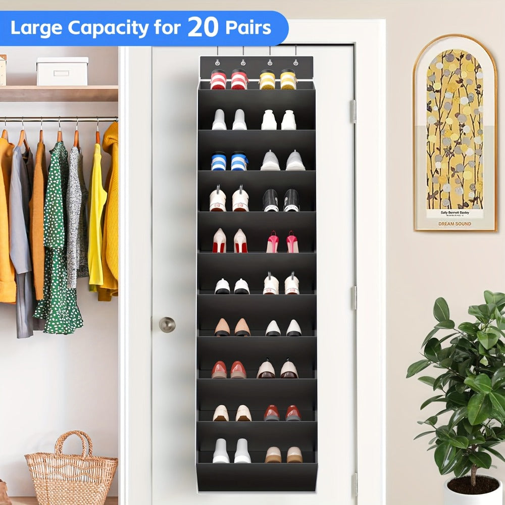 Shoe Rack 10-Tier Space-Saving Over-the-Door Organizer for Up to 20 Pairs with 4 Metal Hooks in Gray