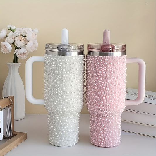 Insulated Tumbler 40oz Pearl Rhinestone Stainless Steel with Handle and Straw in White or Pink