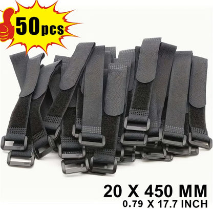 Adjustable Hook-and-Loop Cable Ties, 50 Black Straps with Buckles in 20 x 200 mm Size Pictured