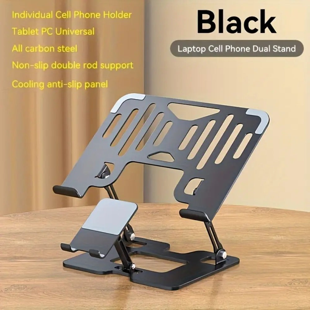 Adjustable Laptop Stand 2-in-1, Carbon Steel Ergonomic Computer & Phone Stand, 180° Height Adjustment, Foldable Portable Desk Stand for MacBook, Tablet, Mobile Phone – Silver/Black