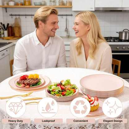 Disposable Plastic Plates Set 50 Piece - Pink Gold Rim Party Tableware with Dinner Plates, Dessert Plates & Utensils for Birthday Wedding Holiday