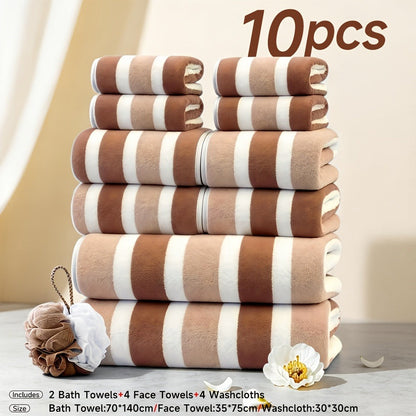 Towel Set 1, 3 or 10 Piece Polyester Striped Options with Bath, Face and Hand Towels for Home and Guest Use
