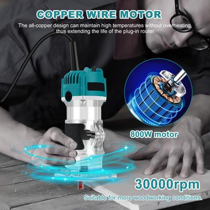 Wood Router Laminate Trimmer 800W Electric Hand Trimmer, 110V 30000 RPM Woodworking Router Tool for Slotting Trimming Carving Milling Engraving, ABS & Aluminum Alloy Body, Compact & Lightweight