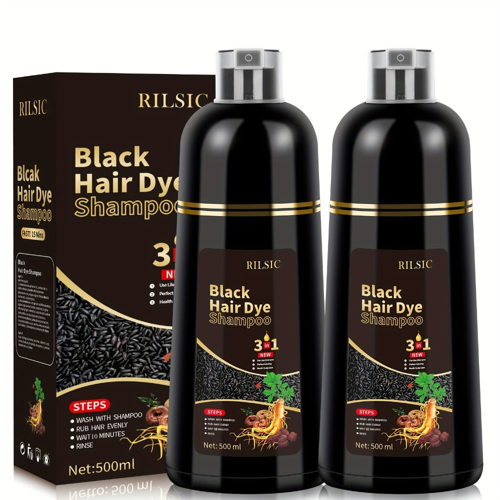 Hair Color Shampoo, RILSIC 3-in-1 Two-Pack of 500ml Pump Bottles with Black or Dark Brown Selection
