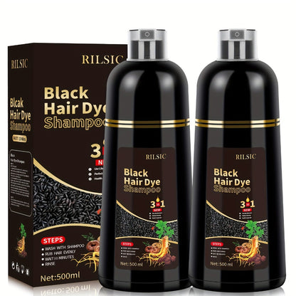 Hair Color Shampoo, RILSIC 3-in-1 Two-Pack of 500ml Pump Bottles with Black or Dark Brown Selection