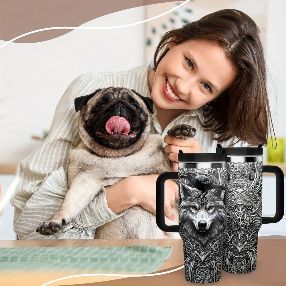 40oz Wolf-and-Raven Graphic Handled Tumbler with Black Lid, Straw and 10 x 26.8 cm Pictured Size