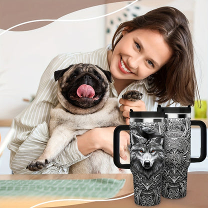 40oz Wolf-and-Raven Graphic Handled Tumbler with Black Lid, Straw and 10 x 26.8 cm Pictured Size