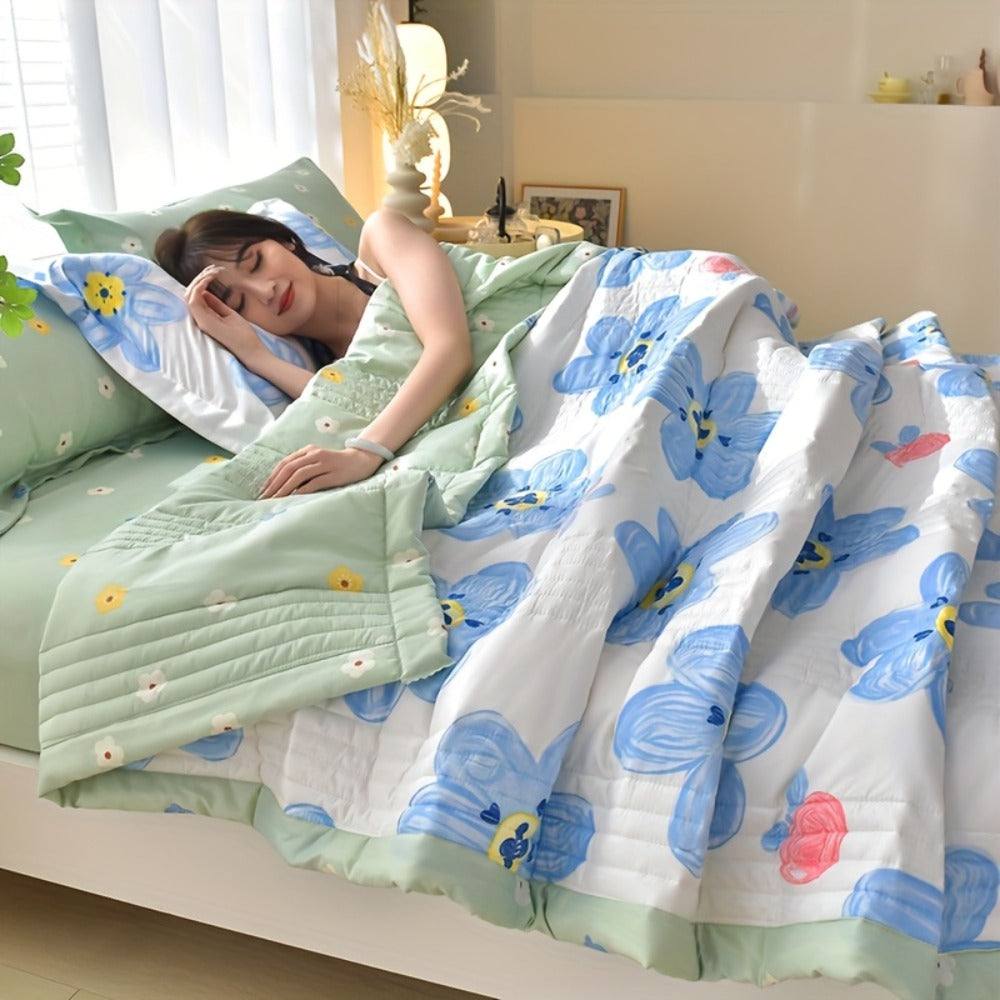 Floral Three-Piece Thin Quilt Set with Two Pillowcases, Twin to King Sizes and Three Printed Styles