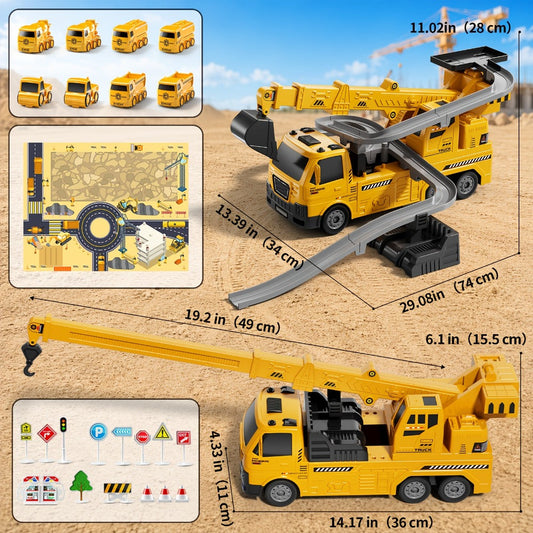 3-in-1 Crane Excavator & Racing Track Toy Set for Kids Ages 3+ – Construction Vehicle Playset with Lights & Sounds, 8 Cars Included, STEM Birthday Christmas Gift for Boys Toddlers