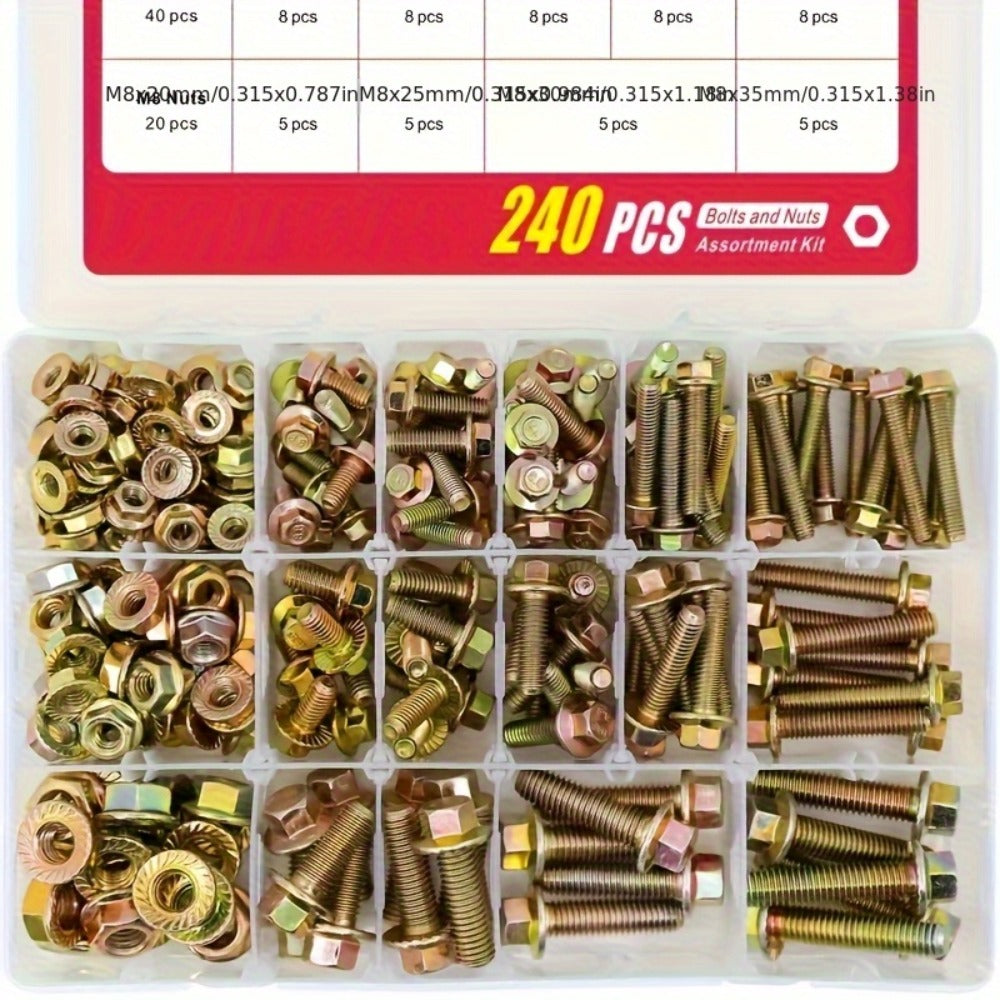 Metric Flange Bolt and Nut Assortment, 240-Piece M5, M6 and M8 Hex Fastener Kit in Compartment Case