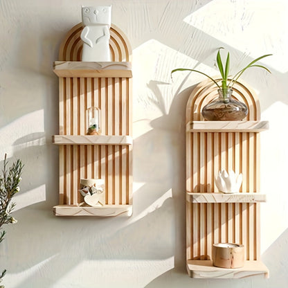 Oval Wood Wall Shelf with Arched Slat Frame, Horizontal Display Tiers and Three- or Five-Tier Options