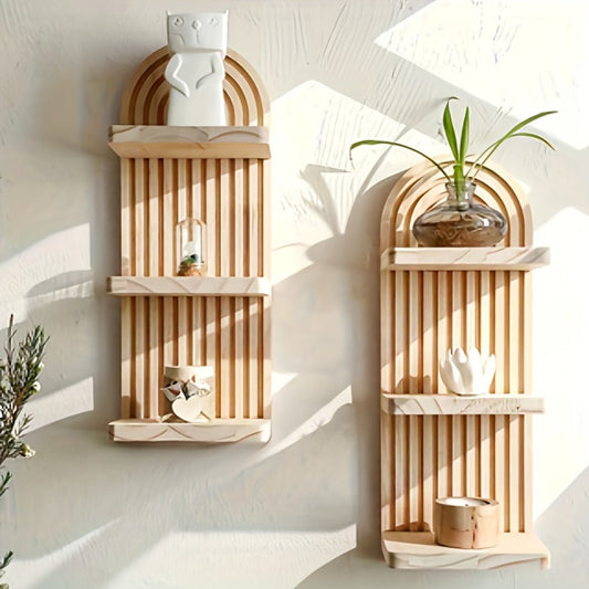 Boho Wooden Wall Shelf Floating Plant Shelf – 3 or 5 Tier Oval Hanging Flower Pot Rack, Minimalist Bedroom Living Room Storage Display Shelf, Wall-Mounted Wood Decor for Home & Apartment