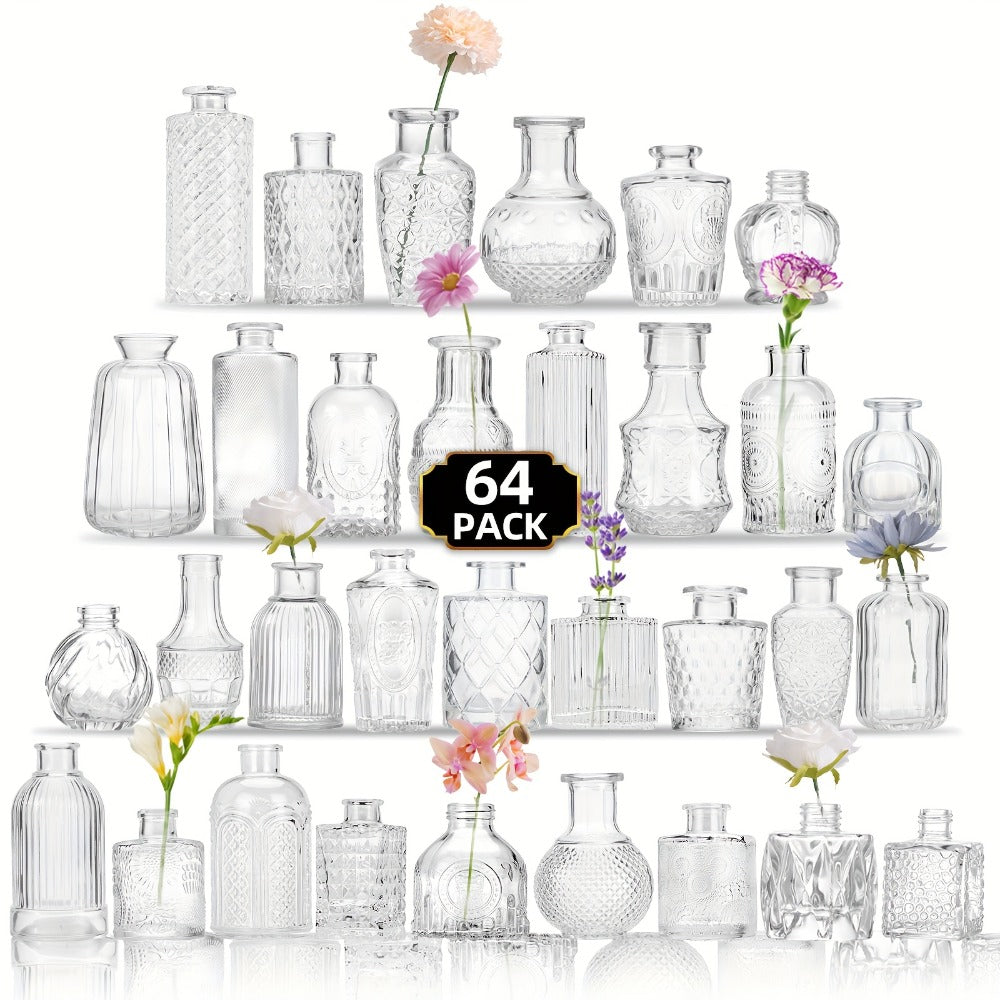 Party Decorations Clear Mini Bud Vase Set with 12, 30, 43 or 52 Mixed Shapes for Table Displays