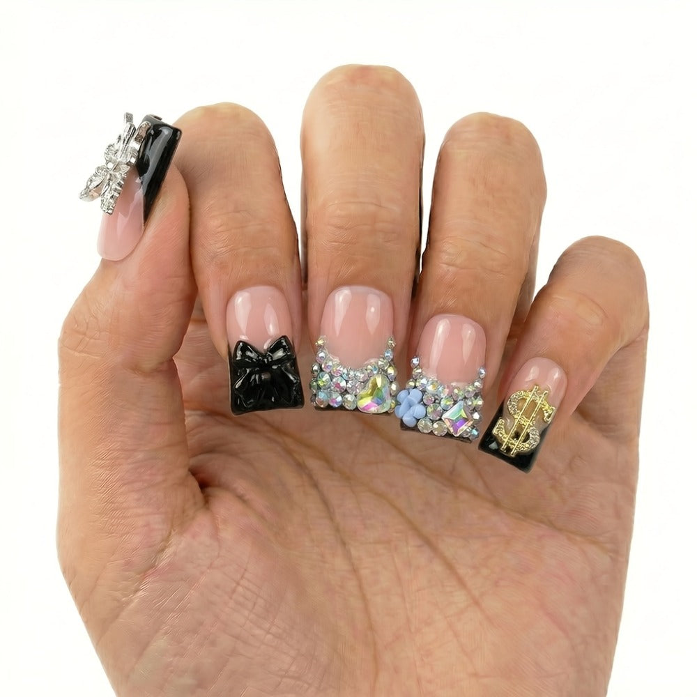 Black Nude Duckbill Press On Nails Medium Length – Glitter AB Rhinestone & Liquid Metal Butterfly Colorblock Handcrafted Acrylic Nail Set for Parties, Date Night & Daily Wear, 10pcs S/M/L