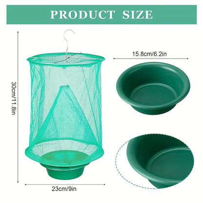 Green Hanging Mesh Fly Trap Cages with Removable Bait Bowls in Two-Pack or Four-Pack Options