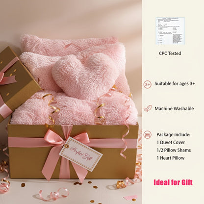 Plush Faux Fur Duvet Cover Set with Heart Pillow, Corner Ties and Twin, Queen or King Sizes in Eight Colors