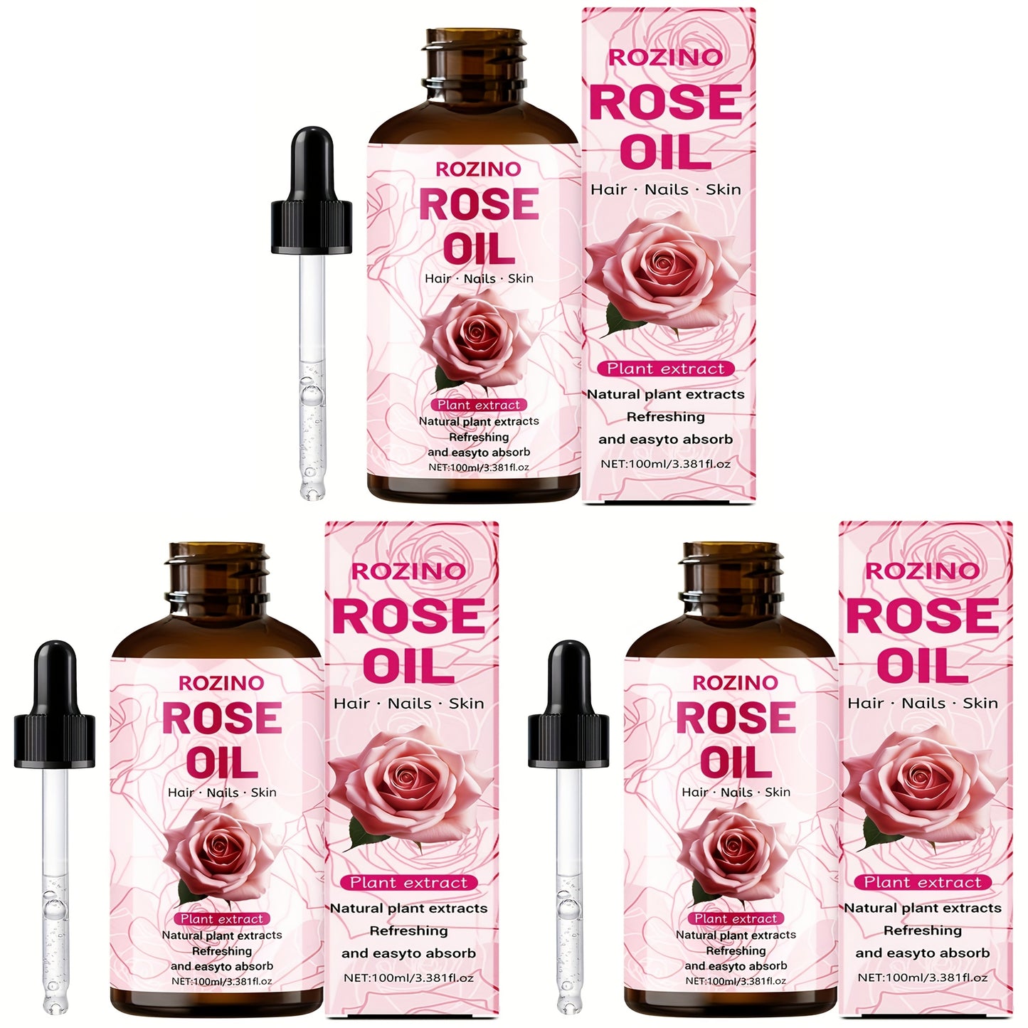 Essential Oil Rose 100ml or 3-Bottle Value Pack with Dropper for Massage, Shower and External Care