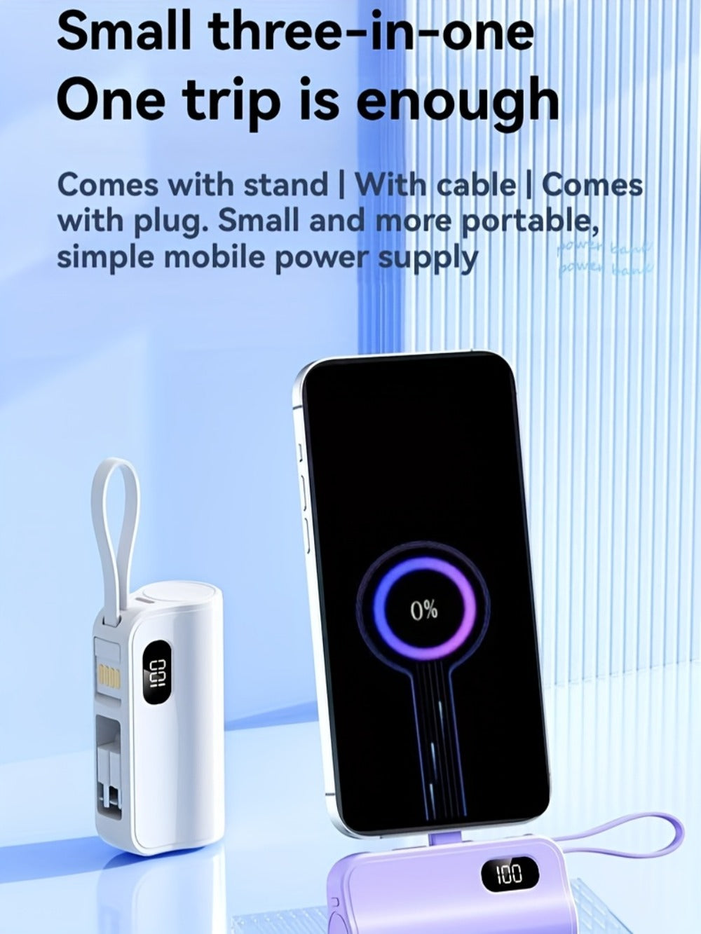 Power Bank 6000mAh Mini with USB-C and Lightning Plugs, 22.5W Listed Charging, Display and Stand