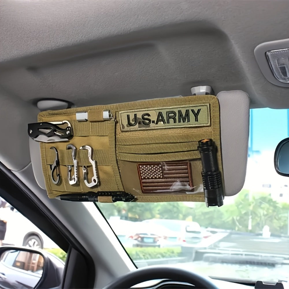 MOLLE Sunshade Storage Bag Large Waterproof Nylon Multi-Compartment – Sun Shade Organizer for Pickup Truck SUV RV – Beige / Black