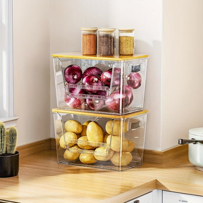 Two-Pack Clear Stackable Pantry Storage Bins with Bamboo Tops, Front Openings and Side Handles