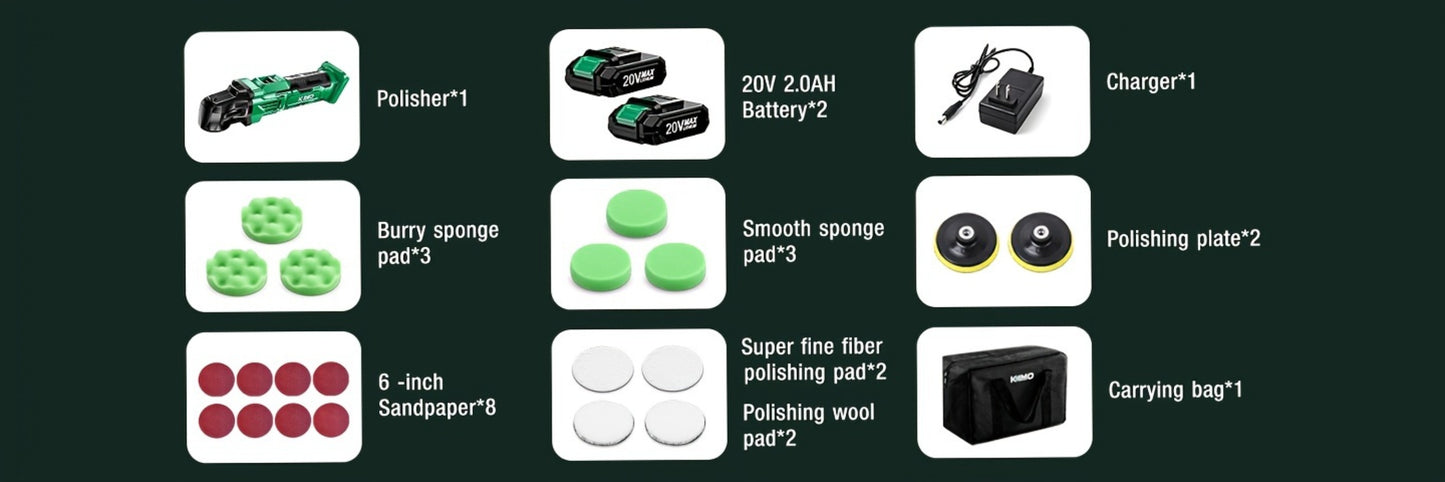 Cordless Buffer Polisher Kit 20V – 6-Speed 3634RPM Car Polisher with 24 Accessories & 2x2000mAh Batteries