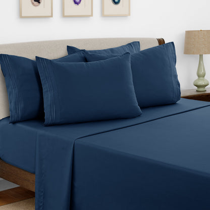 Bed Sheet Set Brushed Microfiber with Embroidered Pillowcases, 16-Inch Pocket and 4- or 6-Piece Sizing