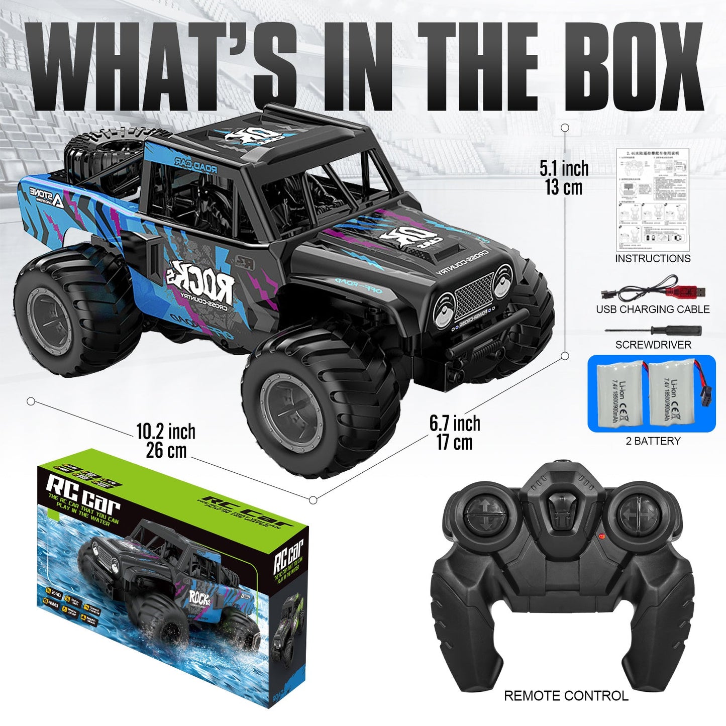 RC Monster Truck or Pickup 1:16 Scale in Five Body and Color Styles with 4WD Layout and Two Rechargeable Batteries