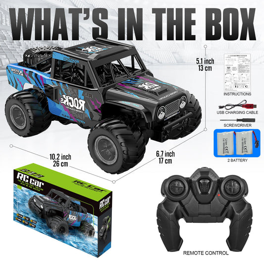 Amphibious RC Car 1:16 Scale 4WD Waterproof Land & Water Remote Control Monster Truck – 2 Rechargeable Batteries, All-Terrain RC Truck for Boys Kids Ages 4+, Birthday Christmas Gift