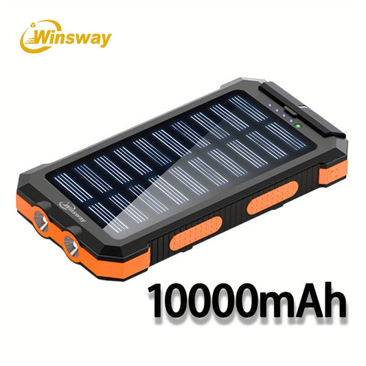 Winsway 10000mAh Portable Solar Panel Charger with 4 Dual USB Ports And Type-C/Micro USB Input Ports, Equipped with A 2.4W LED Flashlight/compass, Suitable for All Mobile Devices, Travel Camping Backup Battery Pack, And Exclusive Texture Practical