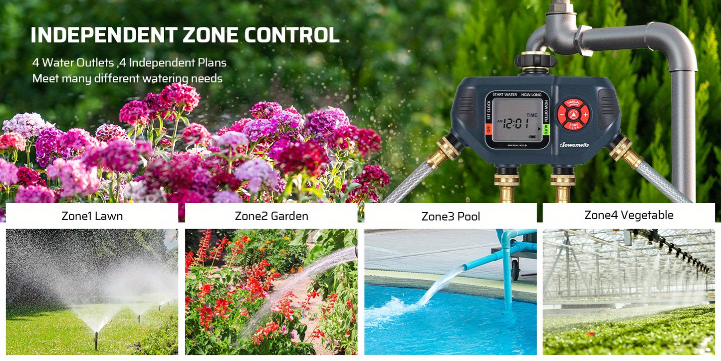4-Zone Sprinkler Timer with Auto/Manual/Rain Delay Modes – Programmable Garden Irrigation Controller, 3.4" LCD Display