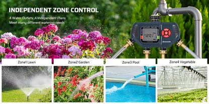 4-Zone Sprinkler Timer with Auto/Manual/Rain Delay Modes – Programmable Garden Irrigation Controller, 3.4" LCD Display
