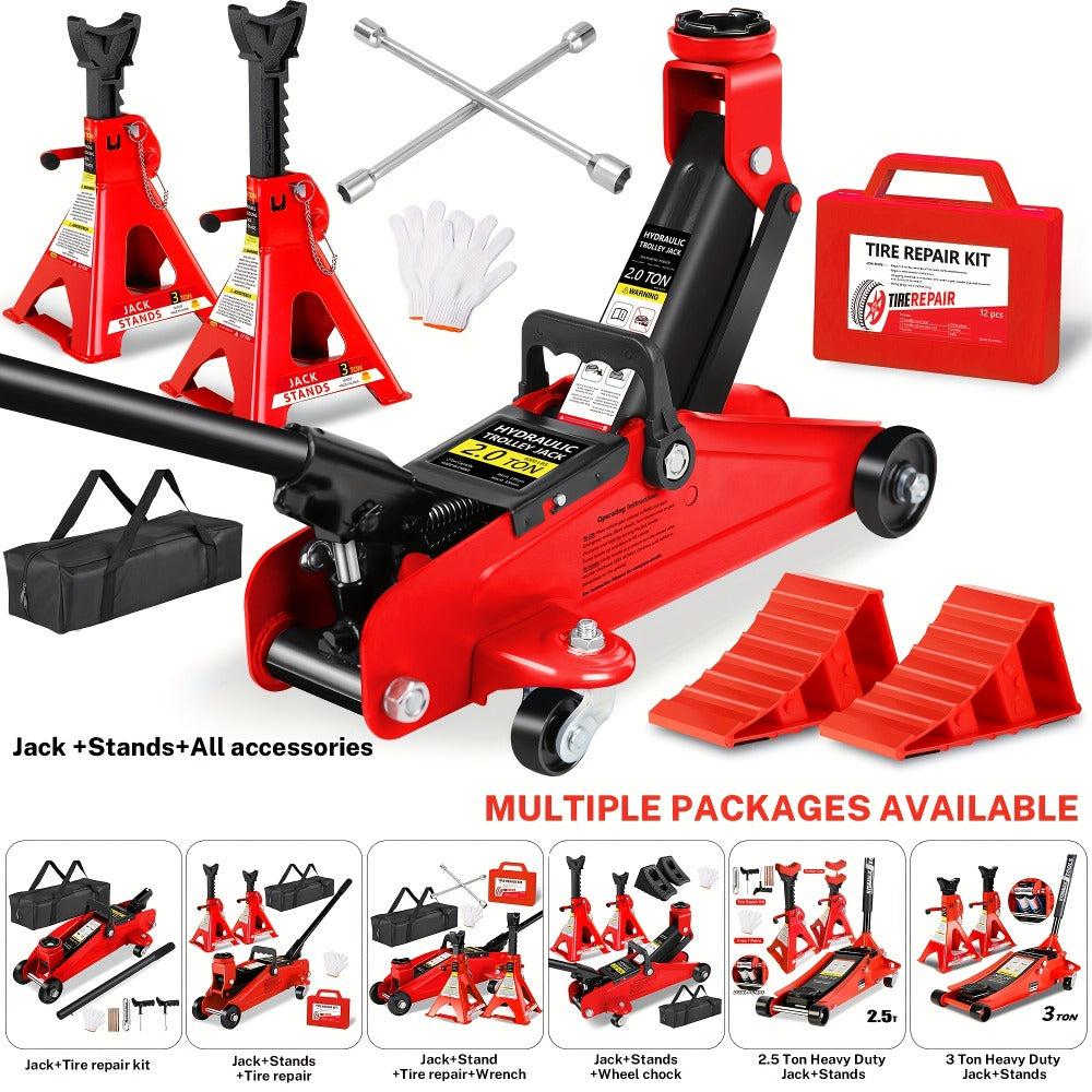 Hydraulic Floor Jack Kit 2/2.5/3 Ton Low Profile Trolley Jack with Jack Stands, Tire Repair Kit, Wheel Wrench & Wheel Chock Combo - Red/Blue